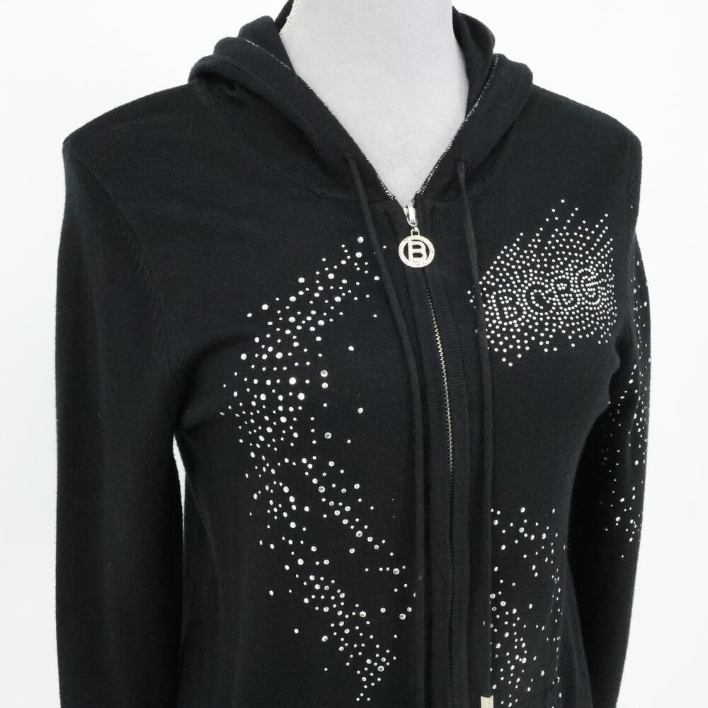 BCBG Max Azria Jacket Juniors Large Black Hooded Pockets Rhinestones Full Zip - Picture 7 of 16